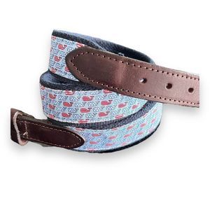 Vineyard Vines Belt Men's Size 30 Navy Blue Whale Logo Canvas Dark Brown Leather